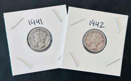 1941 & 1942 Mercury Dimes, 90% Silver, U.S. Ten Cent Coins, Circulated