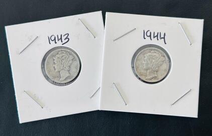 Mercury Dimes 1943 & 1944, Philadelphia, 90% Silver, Adolph Weinman Design, Circulated