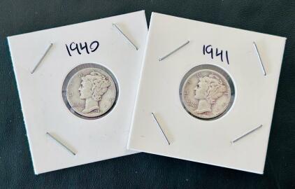 Mercury Dimes 1940 & 1941, Philadelphia, 90% Silver, Circulated, Adolph Weinman Design