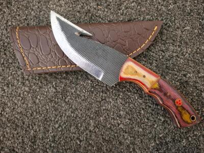 Fixed-Blade Hunting Knife with Gut Hook, 4.5" 3CR13 Stainless Steel Blade, Layered Wood Handle, Leather Sheath