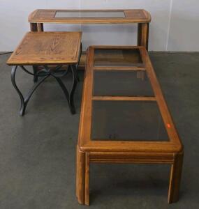 Oak & Glass Living Room Table Set &ndash; Coffee Table, Console Table With Shelf, Metal-Leg End Table