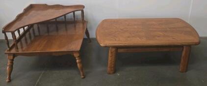 Pair Of Vintage Wood Coffee Tables&mdash;Two-Tier Step & Rectangular Herringbone Top, Mid-Century Style