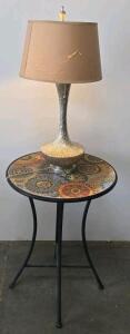 Round Mosaic Accent Table 22" With Geometric Tile Top & 28" Silver Textured Modern Table Lamp