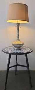 Mosaic Tile Top Side Table With Metal Legs + Textured Silver Table Lamp, 30" Tall, Pull-Chain Switch