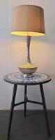 Mosaic Tile Top Side Table With Metal Legs + Textured Silver Table Lamp, 30" Tall, Pull-Chain Switch