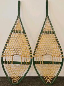 Vintage Teardrop Wooden Snowshoes, 36&ndash;42" Length, Green Frame, Rawhide Webbing (B)