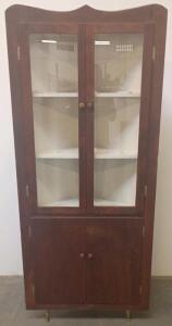 Mid-Century Corner Display Cabinet, Glass Doors, Brass Legs, Wood, Shelved Storage