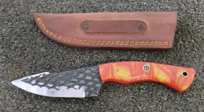 Custom Fixed Blade Knife with Drop Point Blade, Resin Handle, and Leather Sheath
