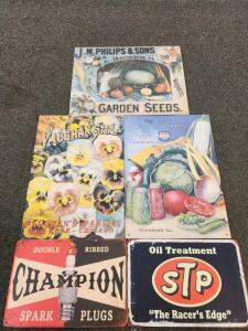 Set of 5 Vintage-Style Reproduction Tin Signs &ndash; Seed Store, Champion, STP, Agricultural & Auto