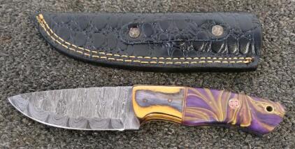 Custom Damascus Fixed Blade Knife, 4" Drop Point, Purple/Yellow Hybrid Handle, Leather Sheath