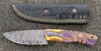 Custom Damascus Fixed Blade Knife, 4" Drop Point, Purple/Yellow Hybrid Handle, Leather Sheath