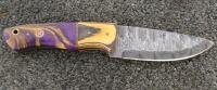 Custom Damascus Fixed Blade Knife, 4" Drop Point, Purple/Yellow Hybrid Handle, Leather Sheath - 2
