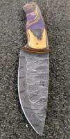 Custom Damascus Fixed Blade Knife, 4" Drop Point, Purple/Yellow Hybrid Handle, Leather Sheath - 3