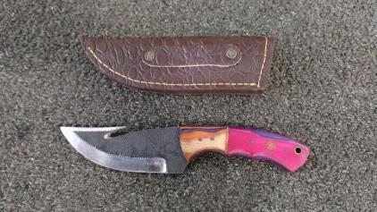 Fixed-Blade Hunting Knife with Gut Hook, Multi-Colored Wood Handle, Leather Sheath