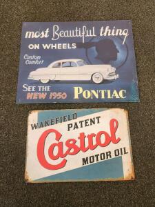 Vintage 1950 Pontiac And Castrol Motor Oil Tin Signs, 12x8 Inches, Automotive & Oil Advertising Decor