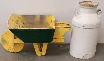 Vintage 10 Gallon Steel Milk Can And Yellow Wooden Wheelbarrow, Painted, Rustic Farm Decor