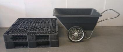 Large Black Yard Utility Cart, 7.5 Cu. Ft. Poly Tub, 16" Pneumatic Wheels, Metal Frame & (2) Black Plastic Pallets 4'x4'