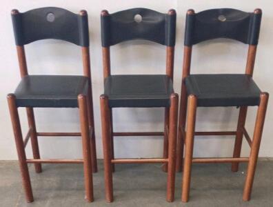 Set Of 3 Wooden Barstools With Leather Seats, 30" Seat Height, Backrest With Cutout