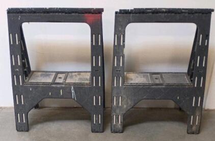 Plastic Folding Sawhorses (Pair) &ndash; 800 lb Capacity, Integrated Shelf, 32" Wide, Tool Slots, Black