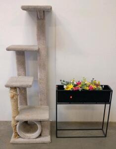 Tall Cat Jungle Gym Black Metal Planter Stand With Faux Flowers, 30&ndash;36 In Height, Indoor/Outdoor Use