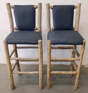 Handcrafted Rustic Log Bar Stools, 30" Seat Height, Upholstered Navy Seat & Back, Set Of 2