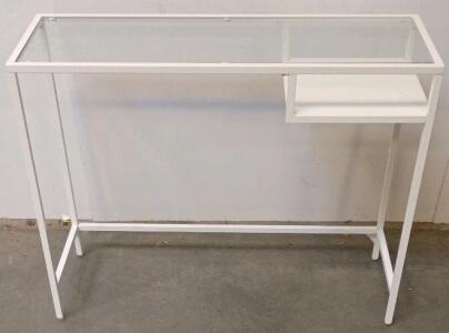 White Metal Frame Glass Top Desk/Table, Lower Compartment Shelf, Minimalist Design