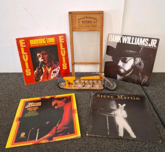 4 Vintage Vinyl Records, Antique National 863 Glass Washboard, Decorative Metal Motorcycle