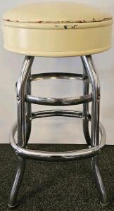 Vintage Chrome Bar Stool, Cream Vinyl Padded Seat, Classic Diner Style, 27" Seat Height