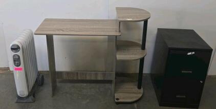 Compact Gray Office Desk with 3 Side Shelves, Engineered Wood, Approx. 41"x20"x30", 2-Drawer Filing Cabinet and Patton Space Heater (Tested and Works)