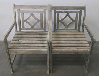 Pair Of Outdoor Wooden Armchairs &ndash; Weathered Teak, Slatted Design, 24" W x 21" D x 34" H