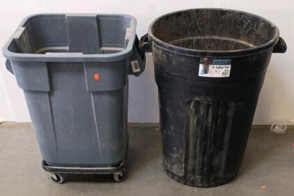 SEMCO 32 Gallon Round Trash Can Black & Square Grey Bin With Dolly, Heavy-Duty Plastic
