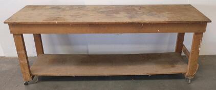 Heavy-Duty Wooden Workbench with Lower Shelf and Casters, Solid Wood, Mobile