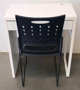 Student Desk with Drawer and Matching Stacking Chair Set (White Desk, Black Chair)