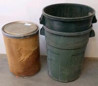 (7)Assorted 32-Gallon Trash Cans: Steel, Plastic, and Fiber Barrels with Lids - 4