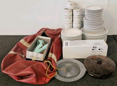 Large Commercial Dinnerware Set, Approx. 90 Pieces, White With Multicolor Rim, Restaurant Style, Brown Glass Casserole Dish With Lid, Vintage Mint Green Heels (Size 8), And More