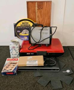 Coleman Instastart Camp Grill (Unable To Test), 68Wh Laptop Battery With Installation Hardware (New In Box), Phillips DVD Player (Functional), Porcelain Floral Vase, And More