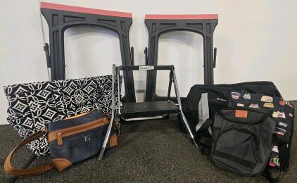 2 Folding Sawhorses, 2-Step Step Stool, Bags, Duffel, Tote, And Cooler