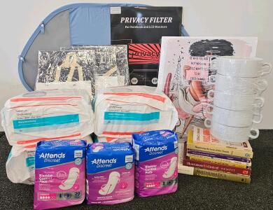 Privacy Filter, 2XL Incontinence Underwear, Soup Bowls, Art Print, Gift Bags, And Books (E)