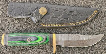 Custom Damascus Fixed-Blade Knife With Green/Black Handle And Leather Sheath