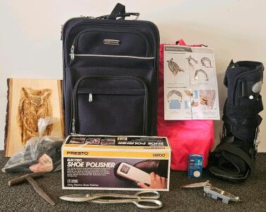 Skylite Suitcase, Presto Shoe Polisher 08700 (Tested, Works), Walker Boot, Tools, Canopy, & More
