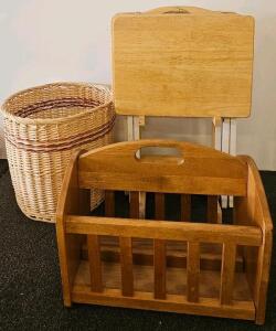 Wooden Magazine Rack, Round Wicker Hamper, Set Of 3 Folding TV Trays With Stand &ndash; Classic Designs (A)