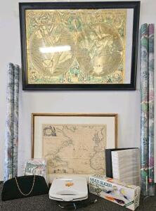 Henricus Hondius "NOVA TOTIVS TERRARUM ORBIS GEOGRAPHICA TABULA" Framed World Map, 36x28 inches. Kitchen Gourmet waffle maker (tested, works), 5 rolls of window cling film, multi slicer/mandolin with attachments, and more (B)