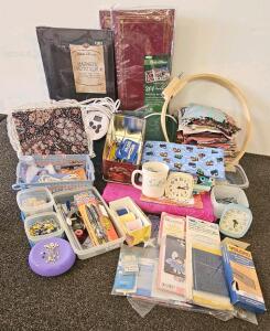 Huge Sewing & Quilting Supply Lot: Fabrics, Notions, Tools, Albums, Hoop, Glue Gun (tested, works), 100+ Pieces, Sunbeam electric blanket (tested, works)