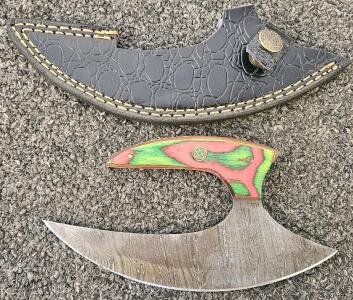 Custom Damascus-Style Ulu Knife, Dyed Wood Handle, Mosaic Pin, Leather Sheath