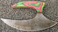 Custom Damascus-Style Ulu Knife, Dyed Wood Handle, Mosaic Pin, Leather Sheath - 2