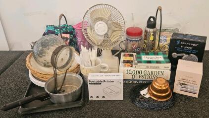 New portable printer, rainfall shower head, leather and vinyl Recoloring balm, fan (tested, works), cookware, decorative baskets and more