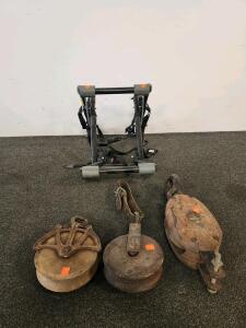 Vintage Single Sheave Pulley Blocks, Cast Iron & Wood, 7" Sheave, 14" Length & Bike Trainer Lot