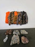 Cabela's & Mossy Oak Camouflage Hunting Clothing Lot, Pants, Jackets, Vests, Bag, Size 32 M/L (Shelf G)