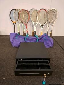Lot of 8 Vintage Tennis Rackets (Yamaha, Wilson, Head) w/ Duffel Bag + Bematech POS Cash Drawer