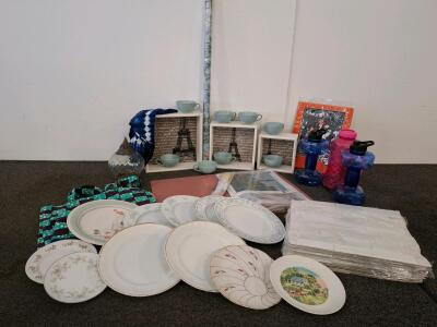 paris themed shadow boxes. vintage dishes, teal coffee cups. one box of mosaic tiles, for backsplash. Blue and Pink Gym-Themed Water Bottles
